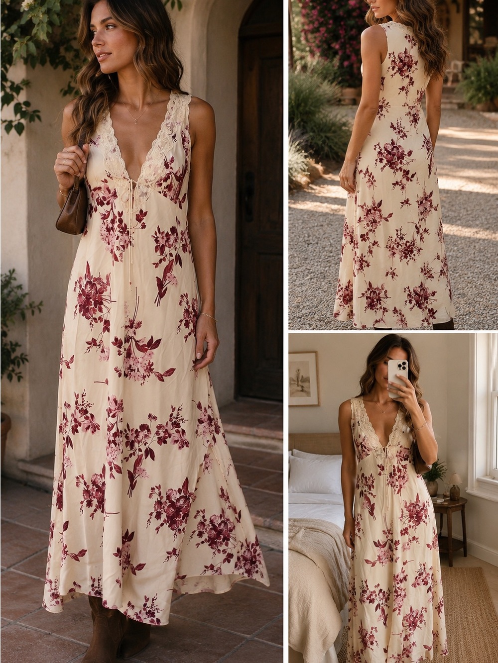Abercrombie & Fitch Floral Lace Maxi Dress Cream Burgundy Romantic L Tall